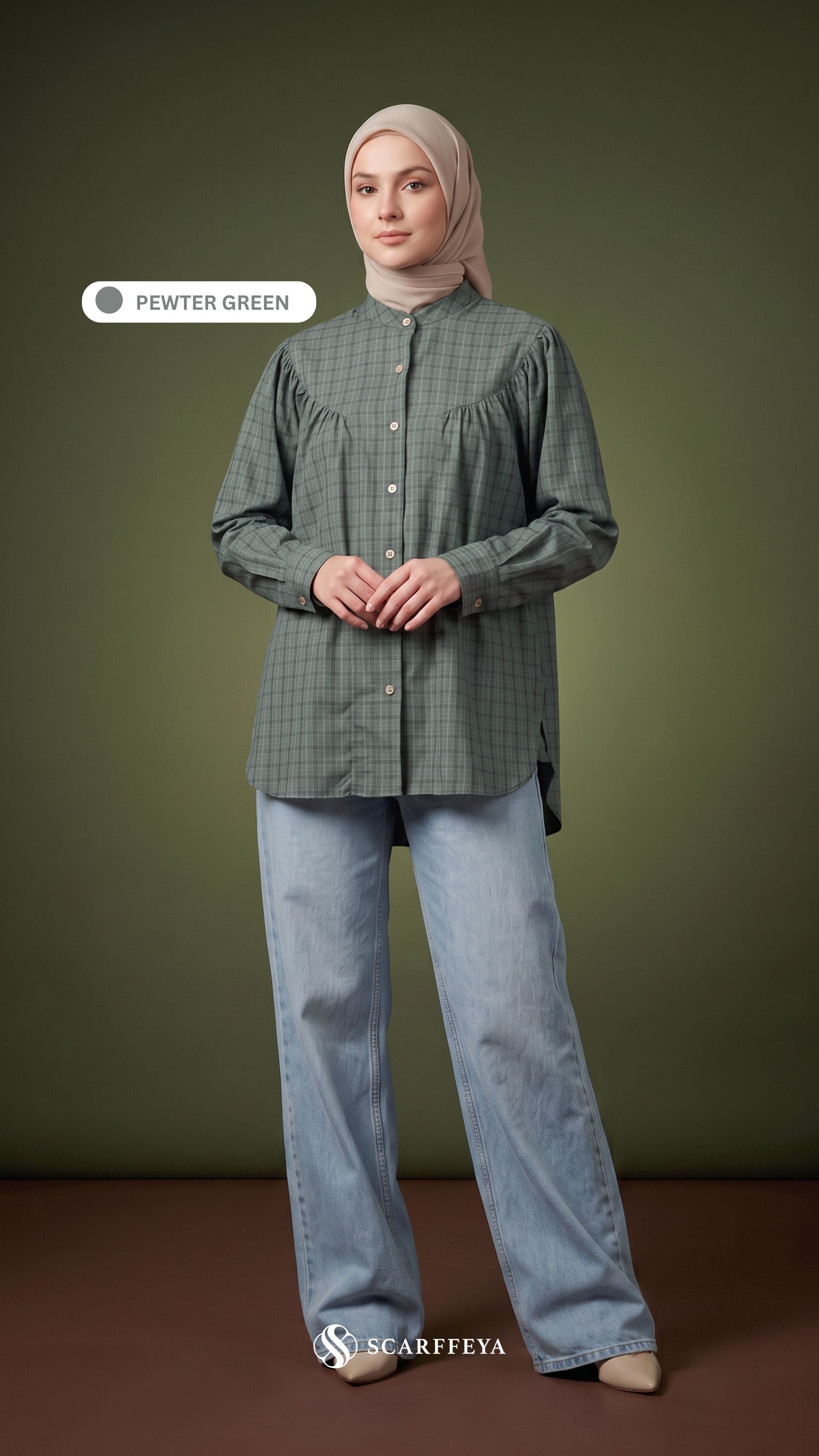 BRIA PLAID LINEN BLOUSE (PEWTER GREEN)