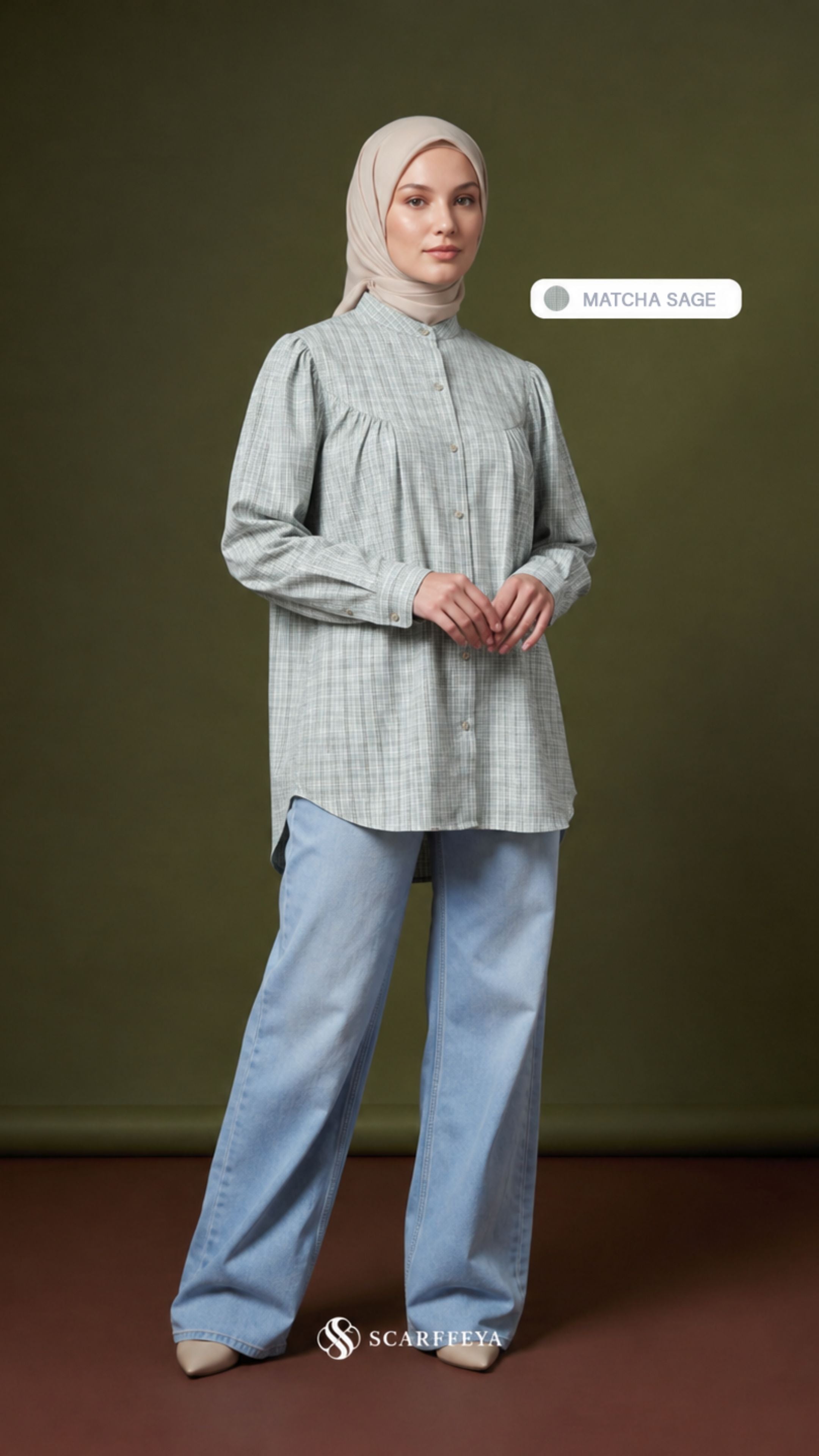 BRIA PLAID LINEN BLOUSE (MATCHA SAGE)