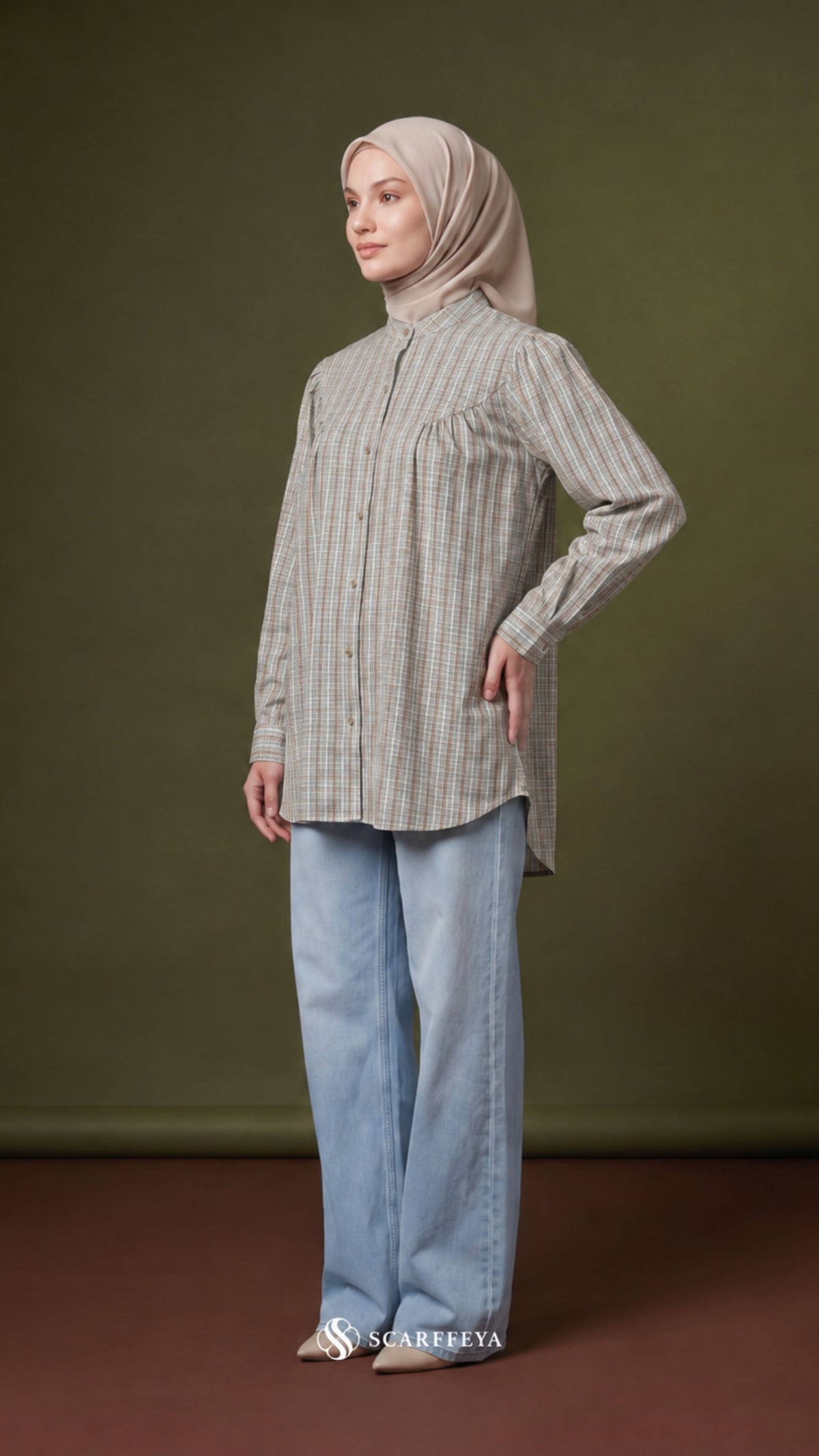 BRIA PLAID LINEN BLOUSE (PISTACHIO BROWN)