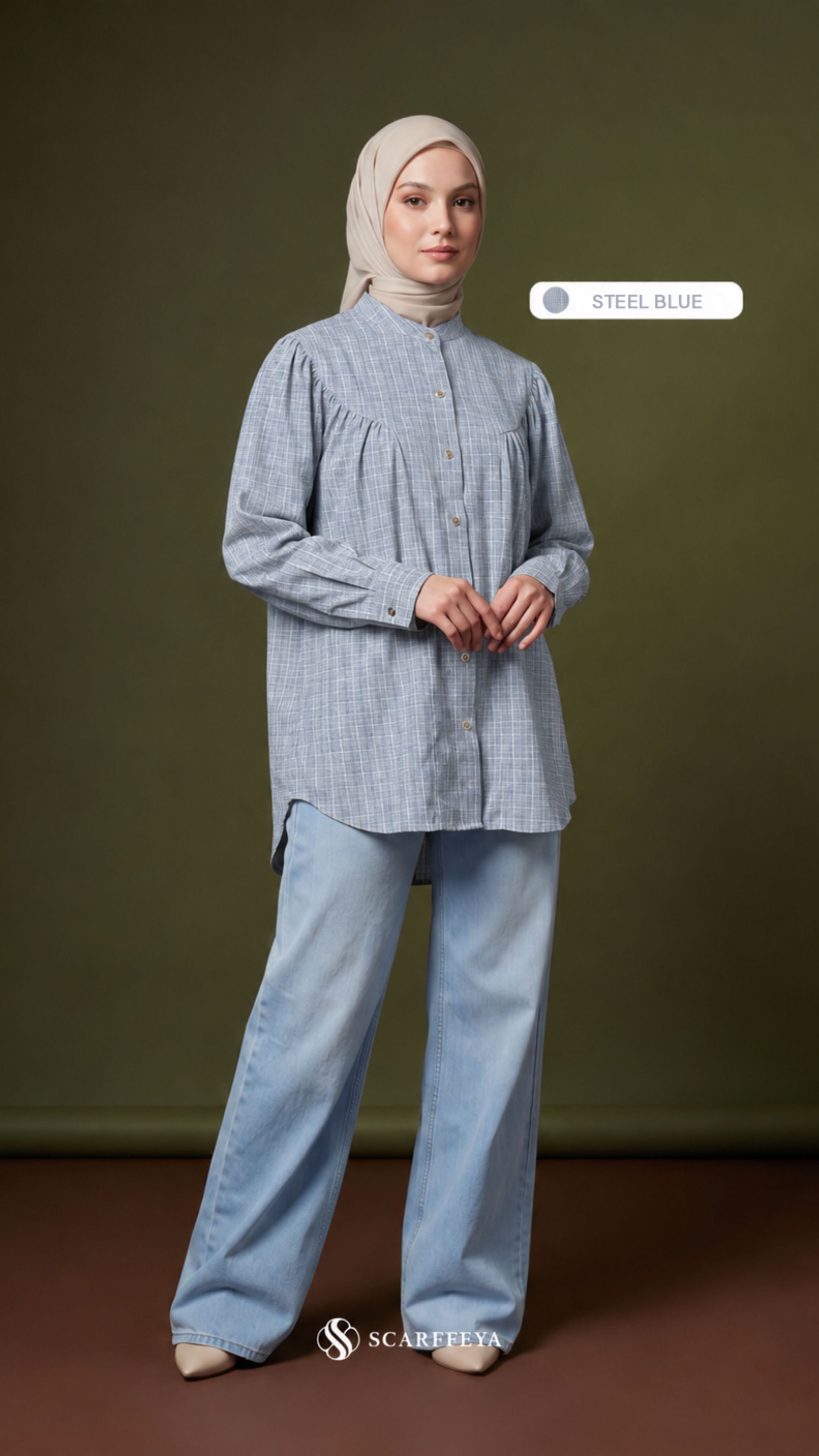 BRIA PLAID LINEN BLOUSE (STEEL BLUE)