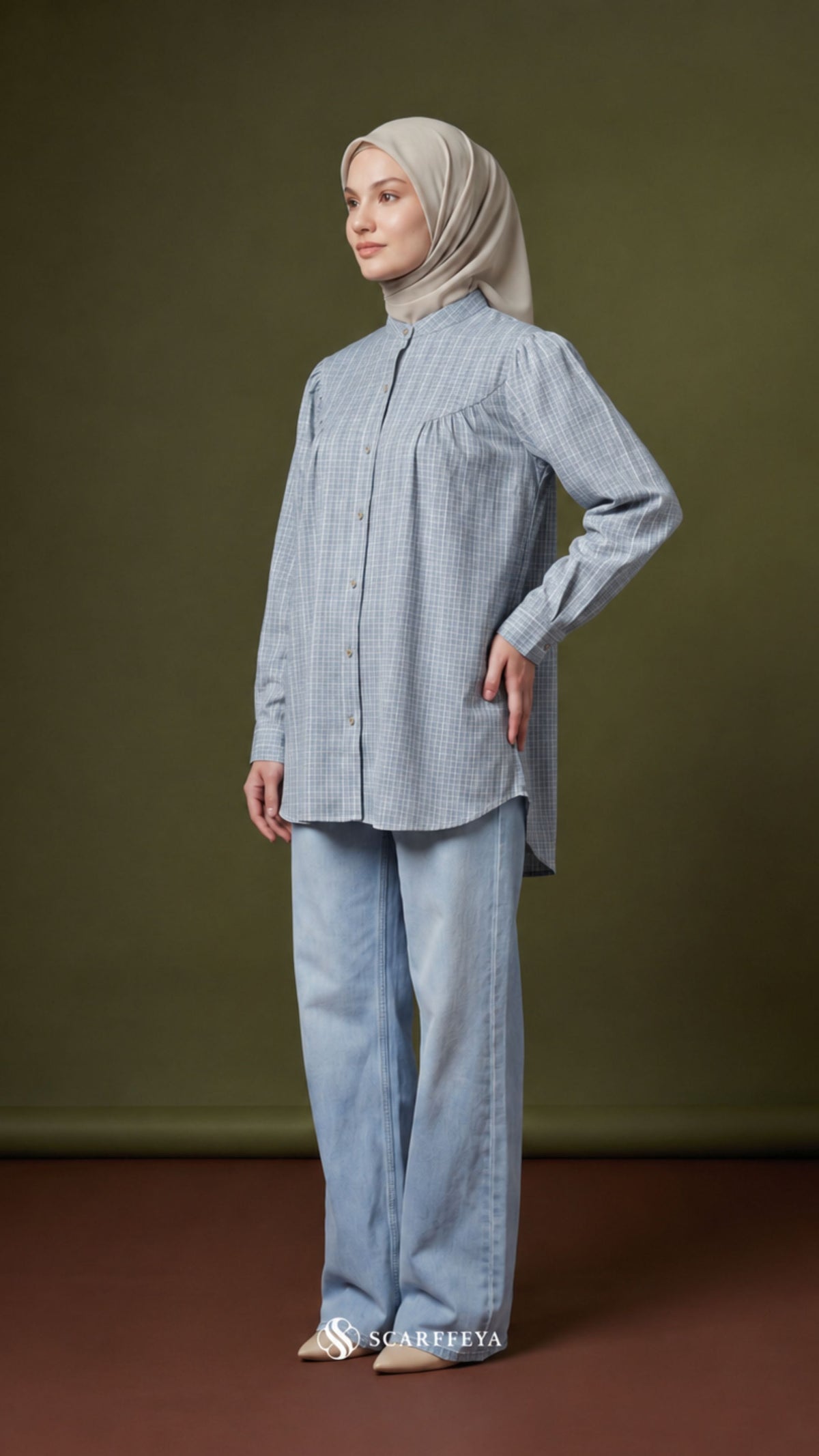 BRIA PLAID LINEN BLOUSE (STEEL BLUE)